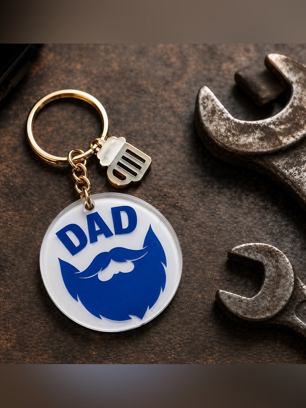 DAD Blue Beard Keychain with Gold Hardware